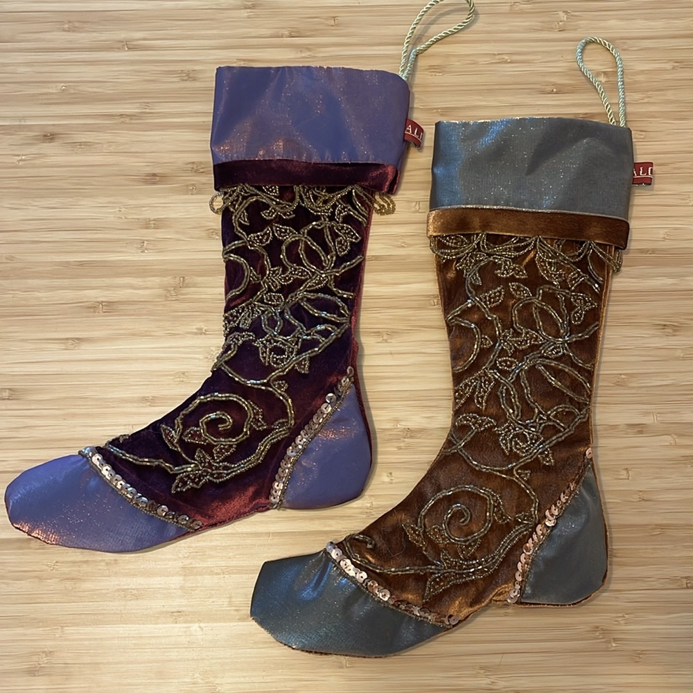 Set of 2 Luxury Aldik velvet & silk beaded Christmas Stockings 15”